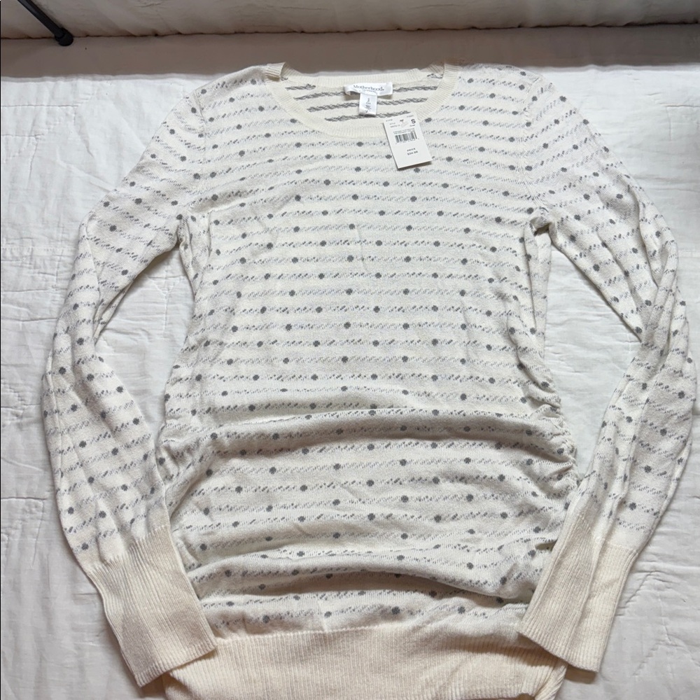Motherhood‎ Maternity NWT Small Gray White Pointelle Knit Ruched Sweater